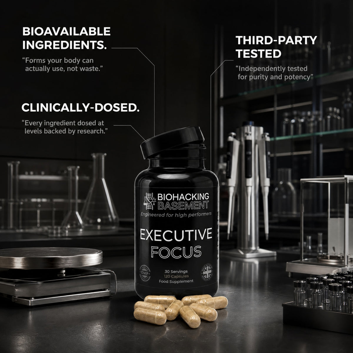 Executive Focus bottle in a lab setting highlighting bioavailable, clinically-dosed, third-party tested ingredients