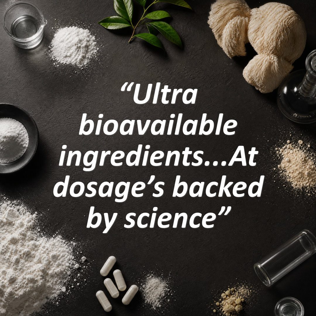 A dark textured flat-lay featuring white and beige powders, capsules, a leaf, and several glass beakers and vials, arranged around large white text that reads: “Ultra bioavailable ingredients.