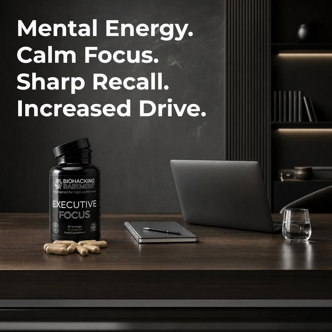 Executive Focus bottle and capsules on an office desk beside a laptop and notebook